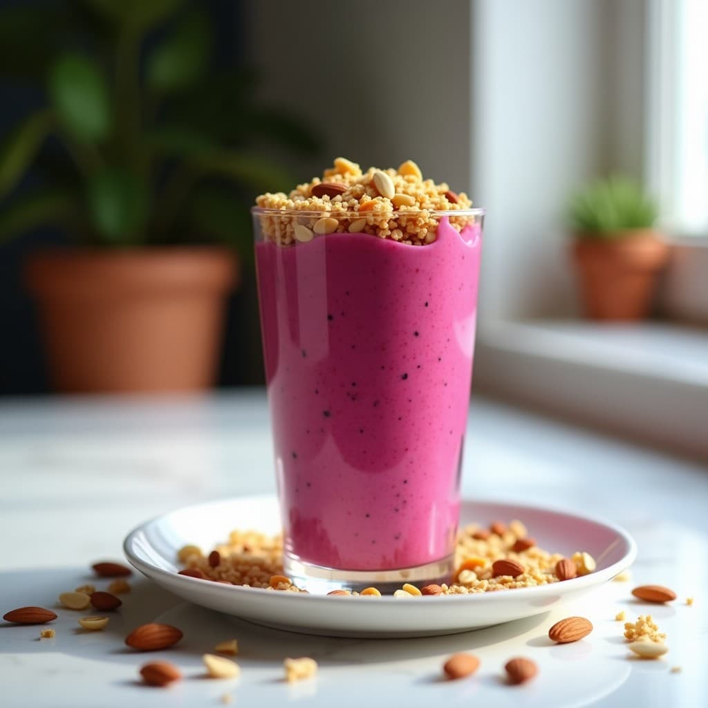 Vaso alto transparente con batido rosa vibrante de pitaya y yogur griego, coronado con granola dorada de quinoa y avena. Fondo blanco con semillas de girasol y almendras esparcidas.