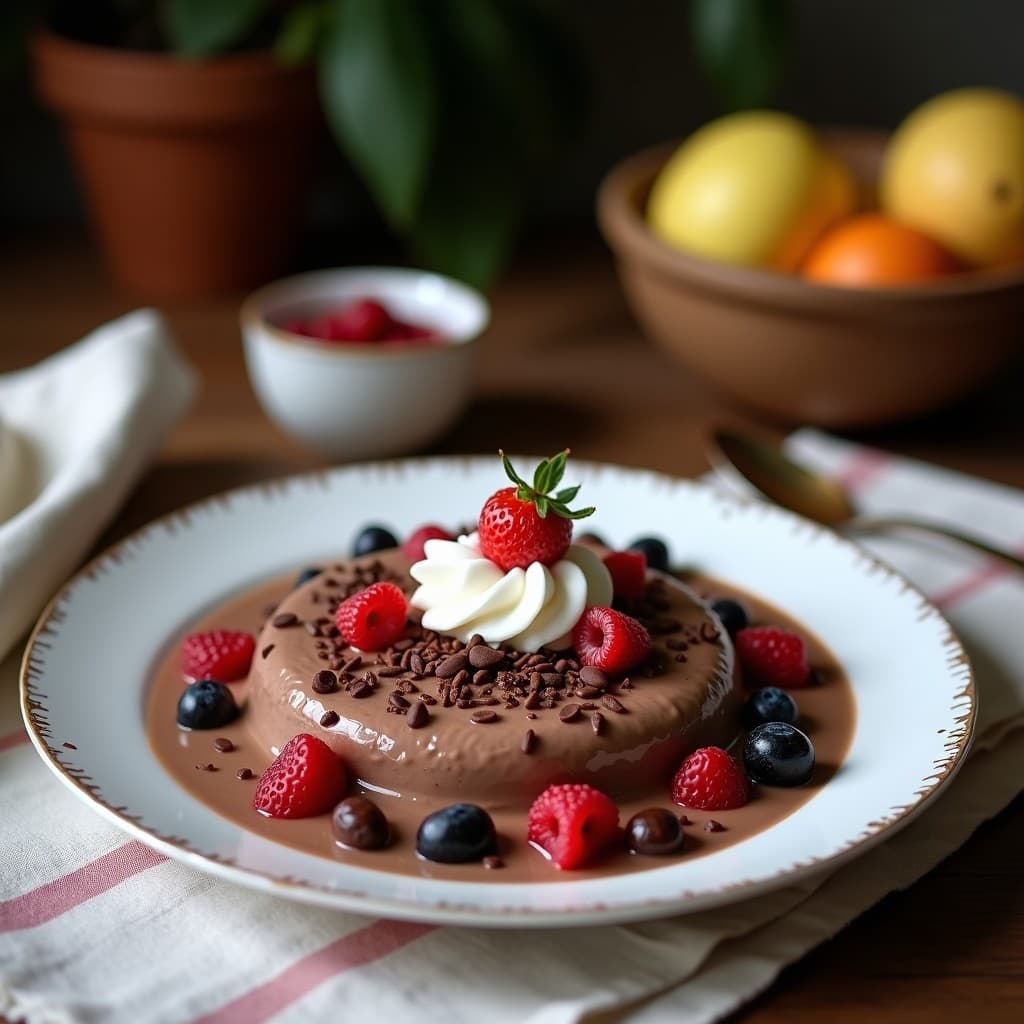Vaso alto transparente con batido de proteína de chocolate y espinacas, espuma cremosa en la superficie, decorado con semillas de chía y cacao en polvo, fondo con espinacas frescas y una cucharada de proteína vegetal.