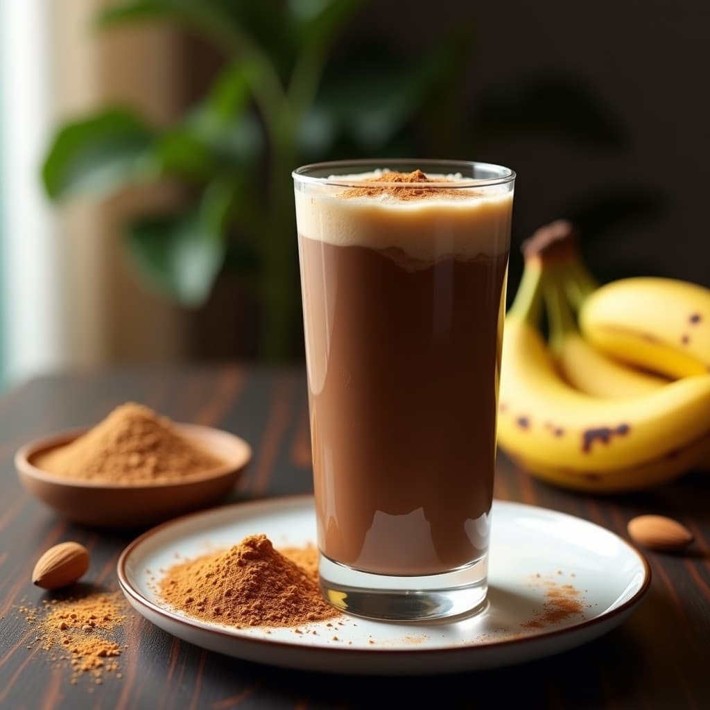 Vaso alto transparente con batido de proteína de chocolate y plátano con leche de almendras, espuma cremosa en la superficie, decorado con canela y un hilo de mantequilla de almendras, sobre fondo de madera oscura con ingredientes dispersos: cacao en polvo, semillas de lino y un plátano maduro.