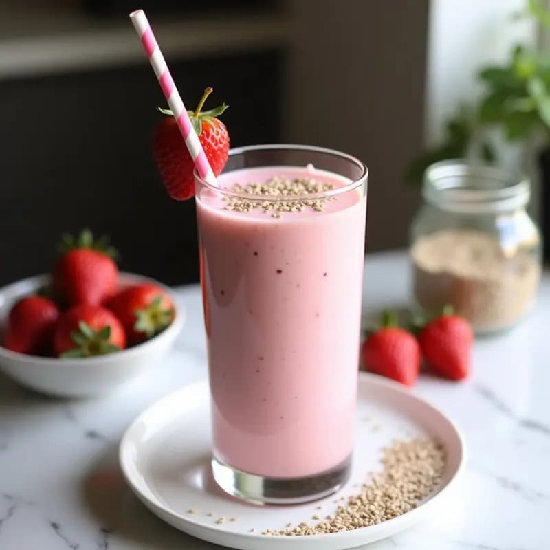 Vaso alto transparente con batido rosado cremoso de fresa y semillas de cáñamo, decorado con semillas por encima y una pajita. Fondo blanco con fresas frescas y un tarro de semillas de cáñamo al lado. Receta keto post-entreno.