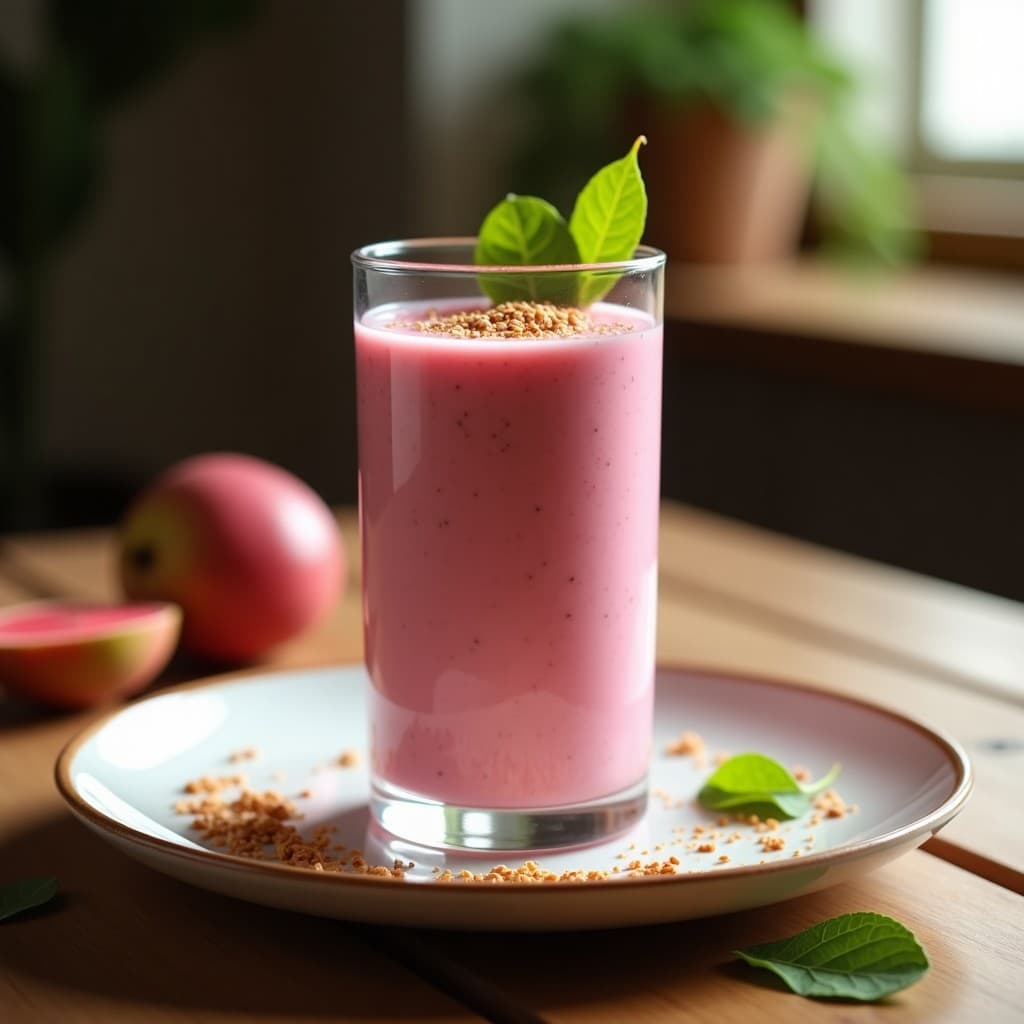 Vaso alto transparente con batido cremoso de color rosado claro, decorado con semillas de cáñamo y una pizca de canela, sobre fondo de madera rústica con hojas de guayaba fresca.