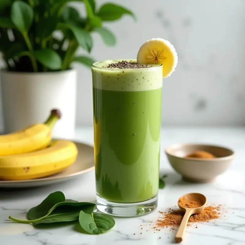 Vaso alto de cristal con batido verde cremoso de proteína de guisante, espinacas y plátano, decorado con una pizca de canela y semillas de chía, sobre fondo de madera rústica con ingredientes dispersos.