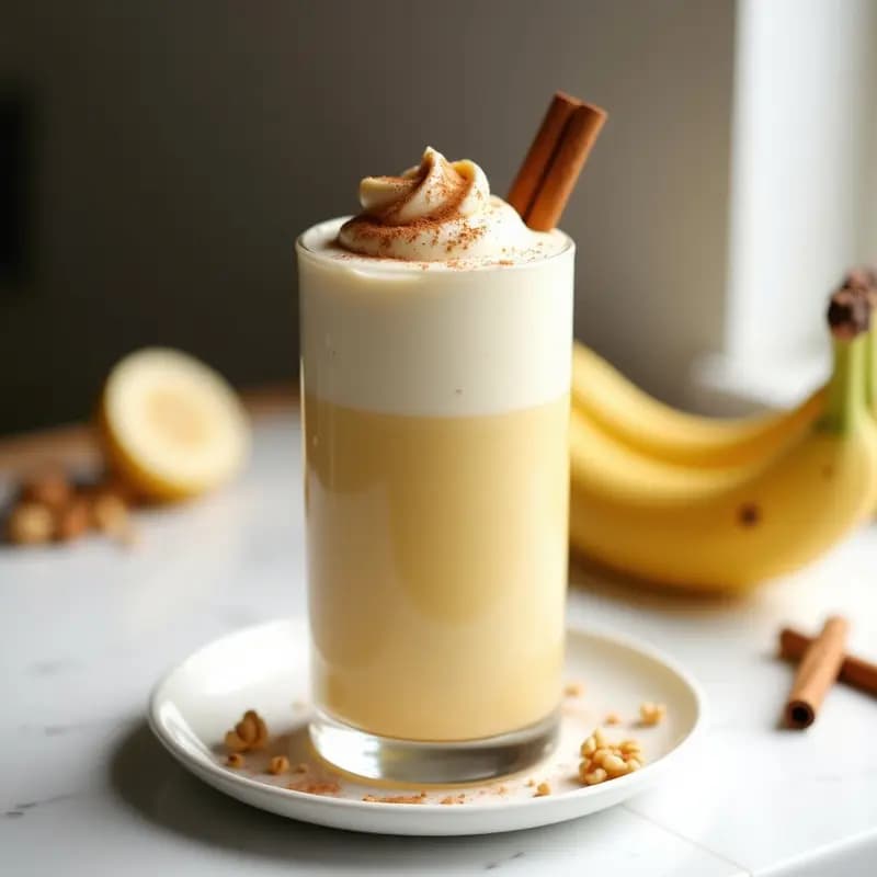 Vaso alto transparente con batido de proteína de vainilla en dos capas: helado cremoso de plátano abajo y batido espeso arriba, decorado con canela en espiral y nueces picadas. Postre fitness fotogénico y saludable.