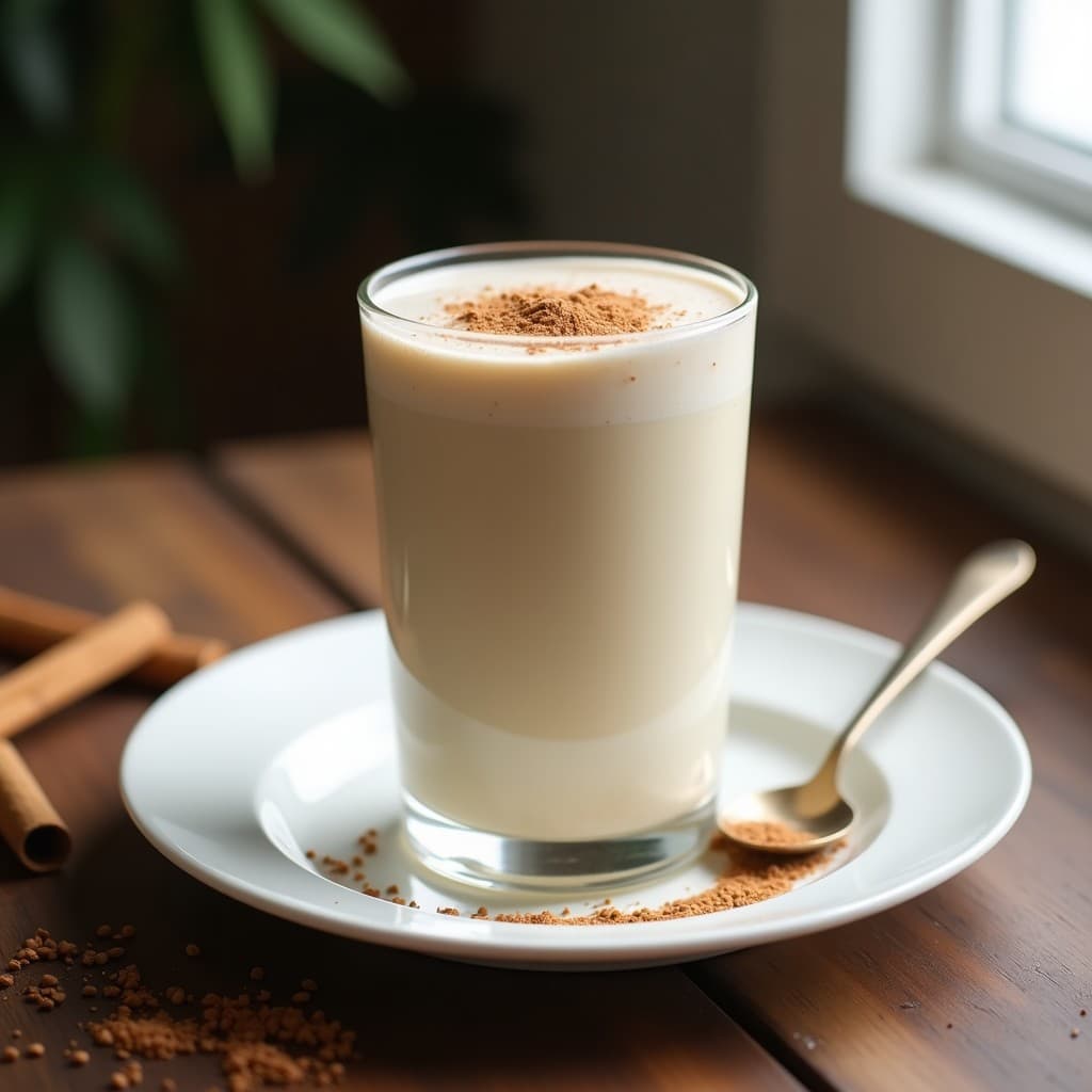Vaso alto de cristal con batido de proteinatilla y canela, espolvoreado con canela de Ceilán, sobre una mesa de madera rústica con semillas de chía y una cucharita de plata. Receta keto con whey de vaca fed grass.