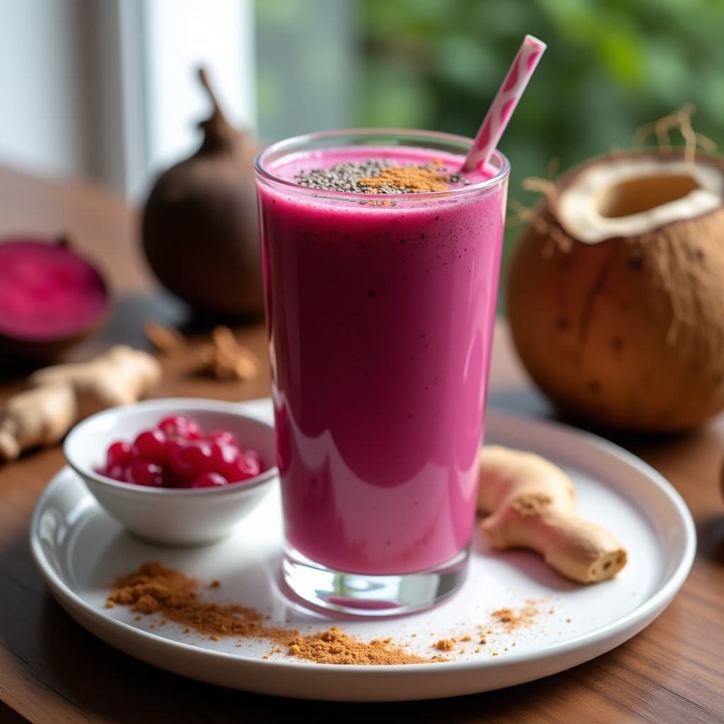 Vaso alto transparente con batido detox de color rosa intenso, coronado con semillas de chía y una pizca de canela. Al fondo, ingredientes como remolacha, acerola y jengibre fresco sobre una tabla de madera rústica.