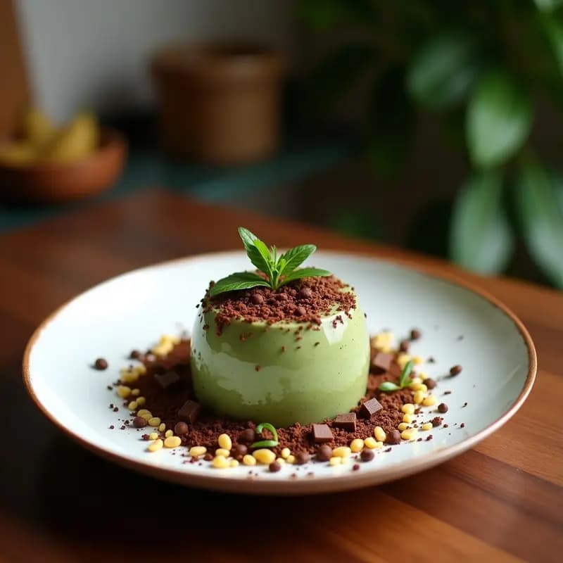 Vaso alto transparente con batido de remolacha y cacao con espirulina, de color morado intenso, decorado con rodajas de plátano y avellanas tostadas. fondo de cocina blanca con ingredientes dispersos: remolacha cruda, cacao en polvo y espirulina.
