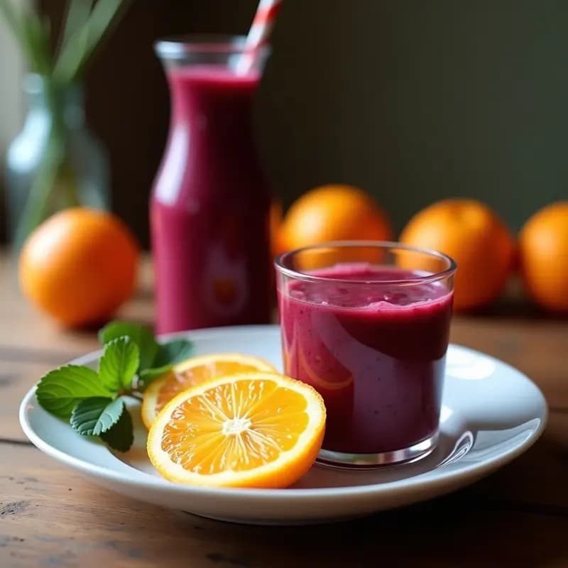 Vaso alto transparente con batido de remolacha, jengibre y naranja sanguina, de color rojo intenso y textura cremosa, decorado con una rodaja de naranja y trocitos de jengibre fresco, sobre una mesa de madera con ingredientes al fondo.