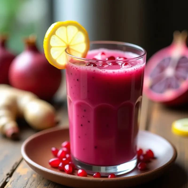 Vaso alto transparente con batido de remolacha y jengibre con zumo de granada, de color rosa intenso, decorado con semillas de granada y una rodaja de limón al borde. Fondos borrosos de ingredientes naturales como remolacha, jengibre y granada.