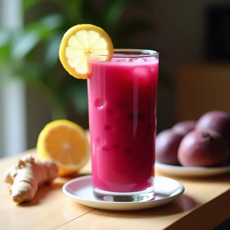 Vaso alto transparente con batido de remolacha, Kakadu y jengibre, de color morado intenso con espuma cremosa en la superficie, decorado con una rodaja de naranja y hojas de menta, sobre fondo blanco con ingredientes dispersos: remolacha, plátano, jengibre y polvo de Kakadu.