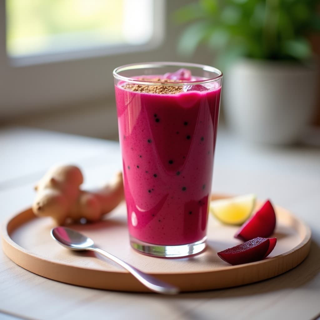 Vaso alto transparente con batido de remolacha roja, jengibre y proteína de guisante, de color rosa intenso y textura cremosa, decorado con semillas de chía y una pizca de canela, sobre fondo de madera clara.
