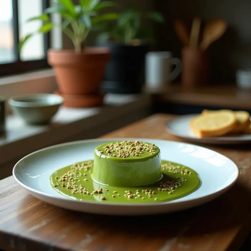 Vaso alto transparente con batido verde espeso de spirulina, pera y jengibre, decorado con semillas de chía en la superficie y una rodaja de pera al lado. Fondo claro con ingredientes frescos dispersos: trozo de jengibre, cucharadita de spirulina y limón cortado.