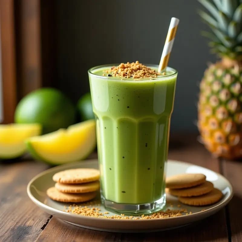 Batido espeso de color verde azulado servido en vaso alto con pajita, decorado con galletas trituradas y semillas de chávar, junto a rodajas de piña fresca y un fondo de cocina rústica.