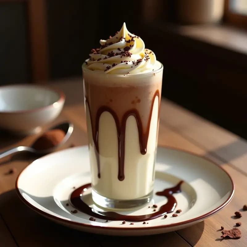 Vaso alto de cristal con batido de stracciatella espeso, coronado con nata montada y salsa de chocolate caliente derramándose por los bordes, decorado con virutas de chocolate y fondo de cocina italiana.