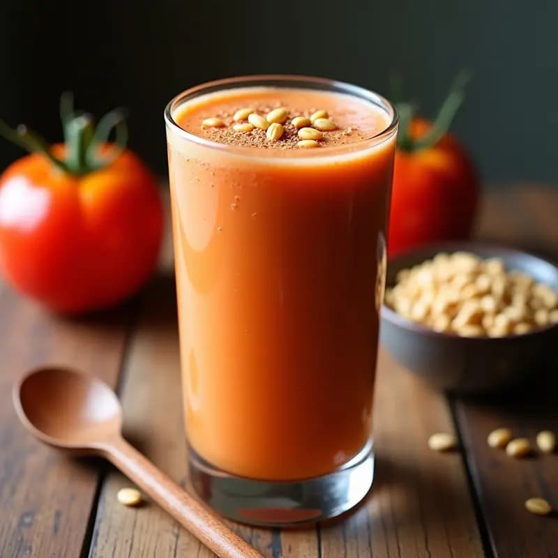 Vaso alto transparente con batido de tamarillo y avena con semillas de kiwicha, bebida andina energética de color naranja oscuro con espuma cremosa, decorado con semillas de kiwicha y canela en polvo sobre una mesa de madera rústica con tamarillos enteros al fondo.