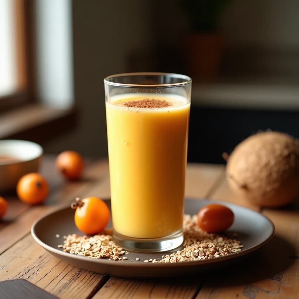 Vaso alto transparente con batido de tamarindo y avena con canela, color dorado cremoso, decorado con una pizca de canela en polvo sobre la superficie. Fondo rústico con ingredientes como tamarindo, avena y semillas de chía dispersos.