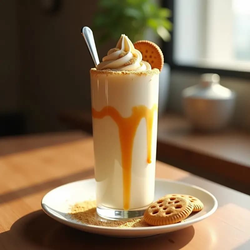 Vaso alto transparente con batido de vainilla y helado de galletas, decorado con sirope de caramelo en espiral, azúcar glas y virutas de oro comestible brillantes. Fondo borroso con galletas Maria y cuchara larga.