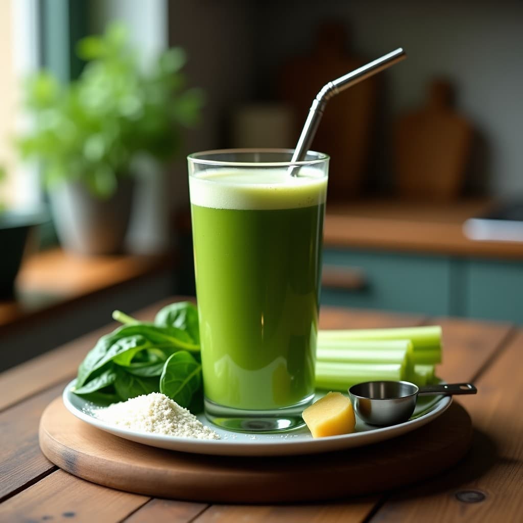 Batido verde cremoso en vaso alto de cristal con pajita de metal, rodeado de ingredientes frescos: espinacas, tallos de apio, raiz de jengibre y un tarro de protein powder. Fondos verdes y textura espumosa en la superficie. Bebida keto para deporte.
