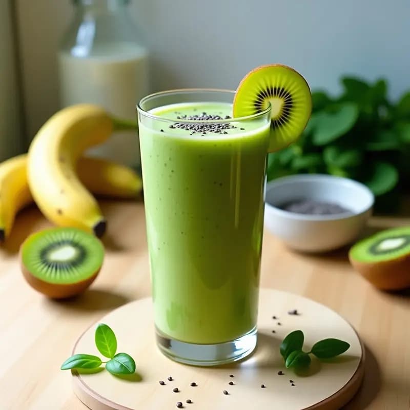 Vaso alto transparente con batido verde probiótico de espinacas y kiwi, decorado con semillas de chía y una rodaja de kiwi en el borde. Fondo de encimera de madera clara con ingredientes dispersos: kiwis, plátano y espinacas frescas.