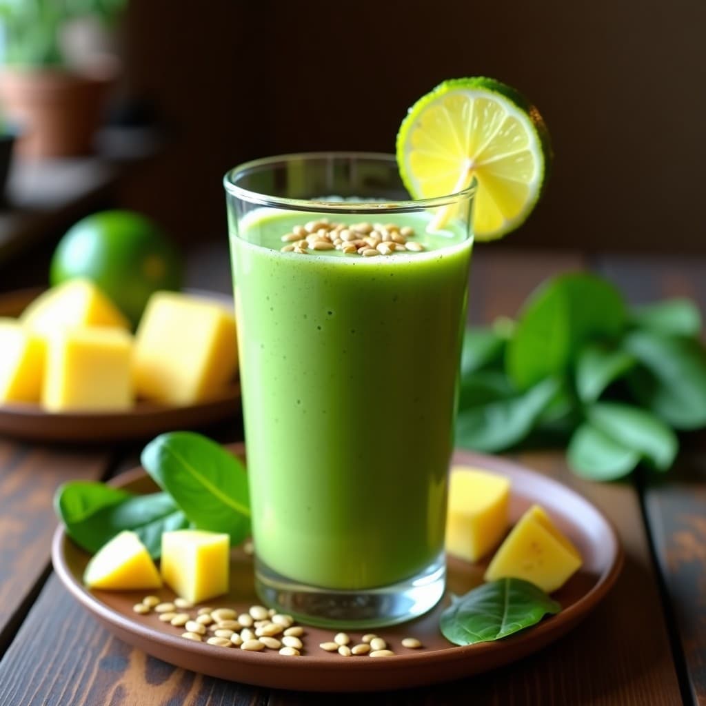 Vaso alto de cristal transparente con batido verde vibrante de espinacas, piña y jengibre, decorado con una rodaja de limón verde y semillas de chía en la superficie, sobre una mesa de madera rústica con hojas de menta fresca alrededor.