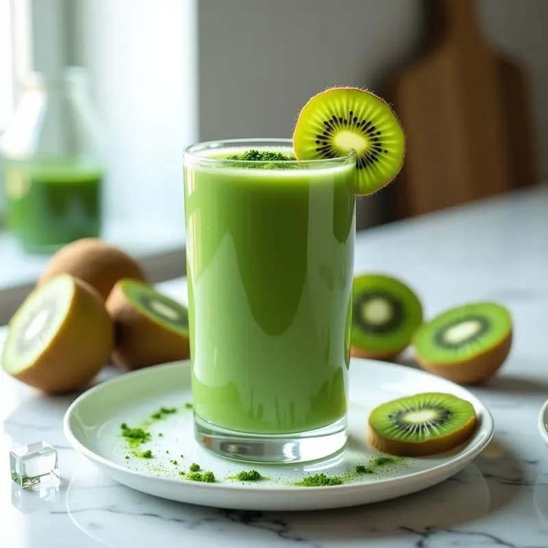 Vaso alto transparente con batido verde esmeralda de yogur de cabaña, espirulina y kiwi, decorado con una rodaja de kiwi y espolvoreado con espirulina en polvo. Fondo blanco con gotas de agua y hielos al lado.