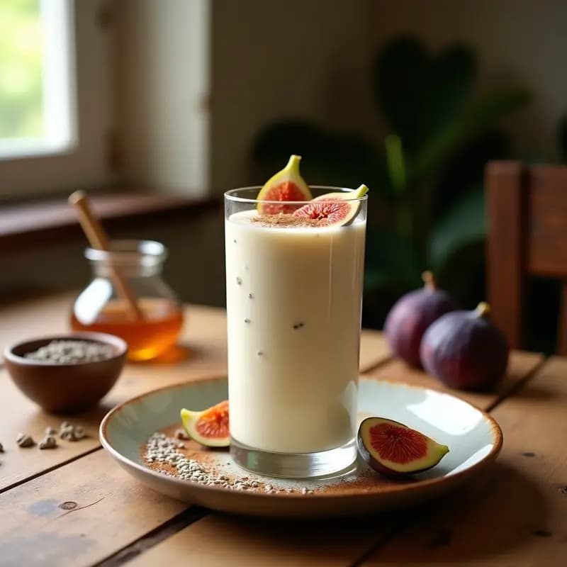 Vaso alto de cristal con batido cremoso de yogur de cabra, trozos de higos frescos y semillas de chía espolvoreadas. Decorado con rodajas de higo y canela en polvo sobre una mesa rústica de madera con fondo de cocina mediterránea.