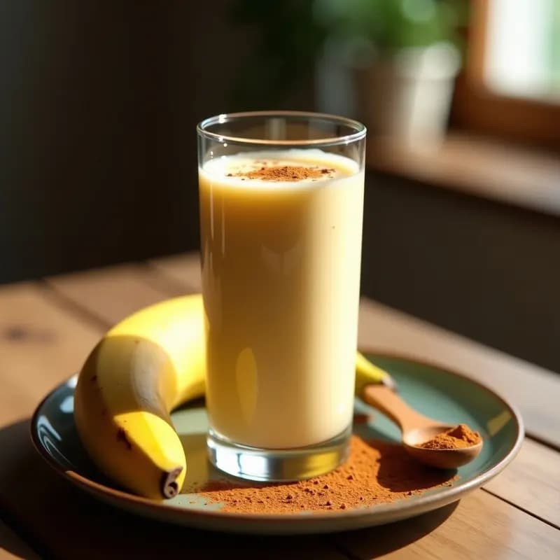 Vaso alto transparente con batido cremoso de yogur, plátano y canela, espolvoreado con canela en polvo por encima. Fondo de encimera de madera rústica con un plátano y una cucharada de canela al lado.