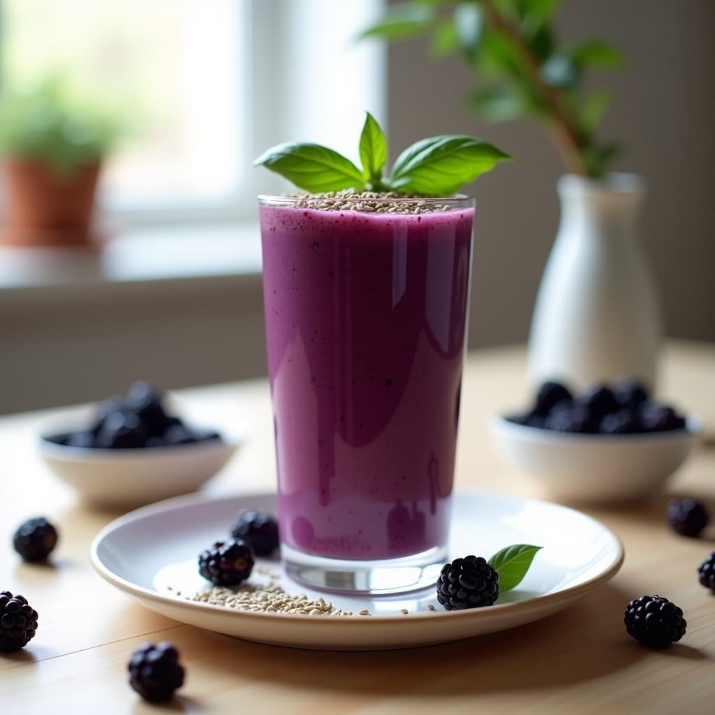 Vaso alto transparente con Batido de Zarzamora y Albahaca con Semillas de Cáñamo, bebida antioxidante keto de color morado intenso, decorado con hojas de albahaca y semillas de cáñamo espolvoreadas, sobre fondo de madera clara con zarzamoras frescas y hojas de albahaca dispersas.