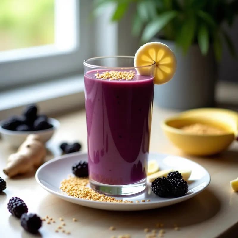 Vaso alto transparente con batido morado intenso de zarzamora y jengibre, decorado con semillas de lino dorado espolvoreadas por encima y una rodaja de plátano al lado. Fondo claro con ingredientes frescos alrededor: zarzamoras, jengibre y semillas de lino.