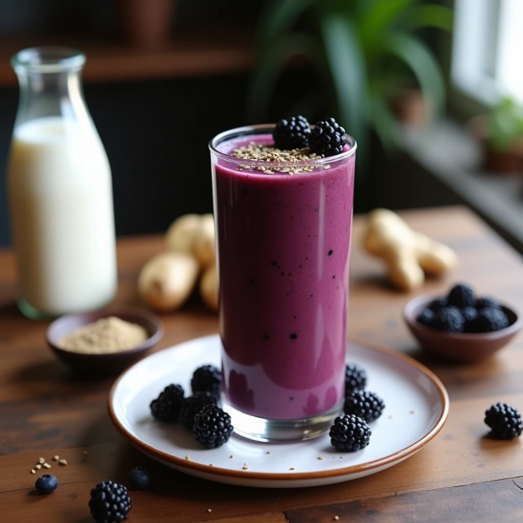 Vaso alto de cristal con batido de zarzamora y maca andina sin lácteos, de color morado intenso, decorado con semillas de cáñamo y zarzamoras frescas, sobre una mesa de madera con ingredientes al fondo: maca en polvo, jengibre y leche de almendras.