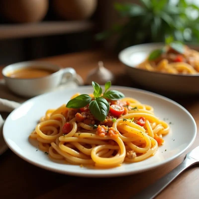 Plato hondo de cerámica blanca con BAttributeo de pasta integral cubierto de una salsa cremosa de calabaza asada color naranja intenso, decorado con nueces pecanas tostadas y doradas, hojas de romero fresco y un hilo de aceite de oliva. Fondo rústico con mantel de lino beige.