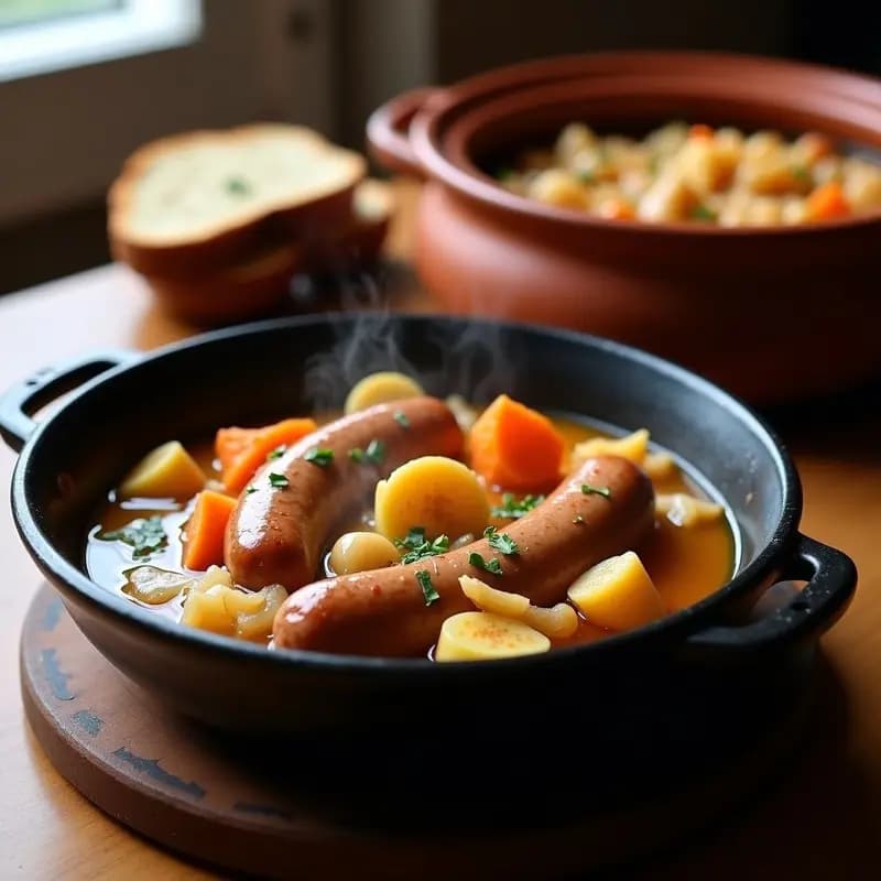 Olla lenta negra con Bauerntopf alemán humeante, salchichas Bratwurst doradas, trozos de patata, zanahoria y col fermentada en un caldo espeso, servido en un plato hondo de barro con pan de centeno al lado.