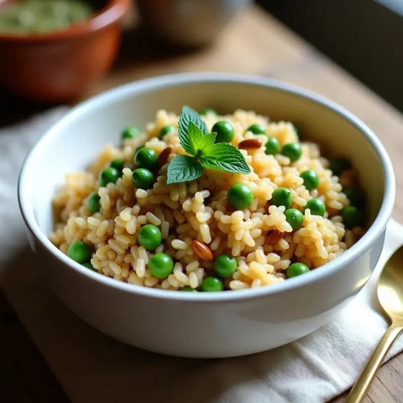 Plato hondo de cerámica blanca con Bazella wa Rizz bil Frekeh: mezcla de arroz basmati, trigo verde frekeh, guisantes frescos, piñones tostados y menta fresca, receta libanesa tradicional.