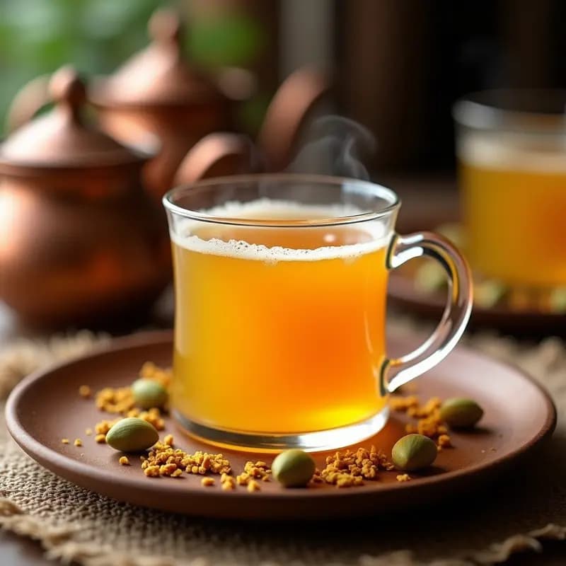 Taza transparente con beba de azafrán y cardamomo, dorada y humeante, servida en bandeja de madera con pistachos picados y semillas de cardamomo alrededor. Bebida iraní reconfortante sin cafeína.