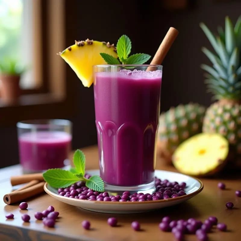 Vaso alto transparente con beba de maíz morado con piña y canela, color morado intenso, decorado con rodaja de piña, rama de canela y hoja de hierbabuena, fondo rústico de madera con ingredientes dispersos.