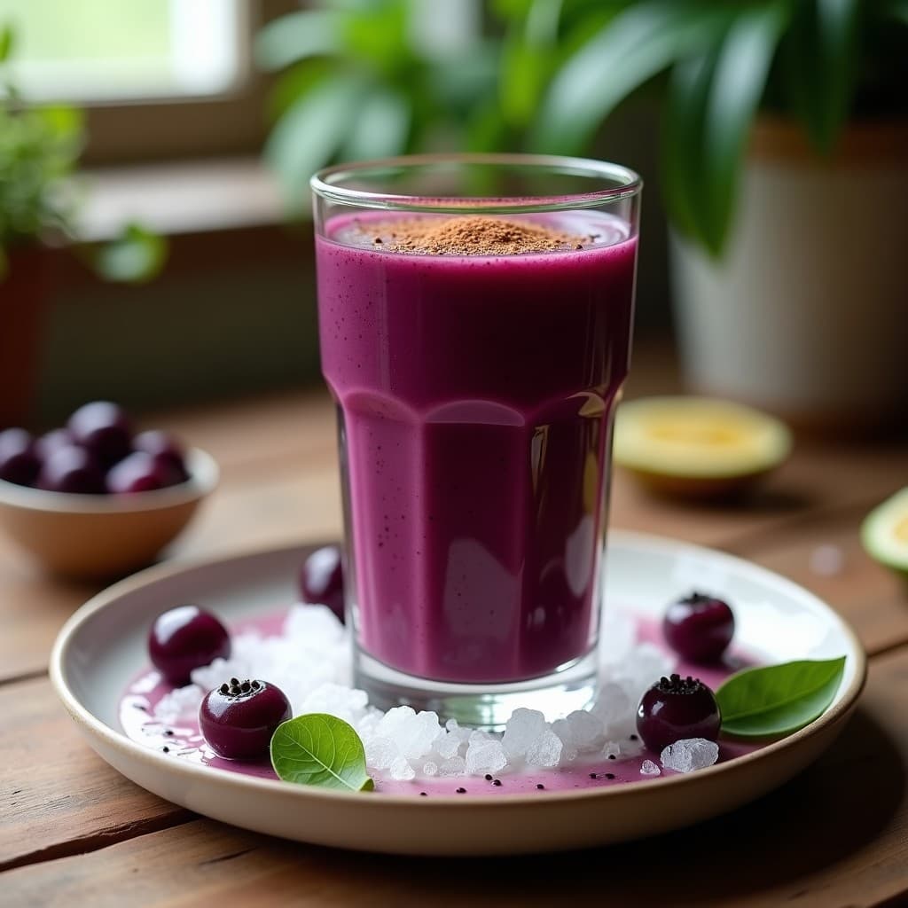 Vaso alto transparente con bebida morada oscura de açaí y guaraná, coronada con semillas de chía y una pizca de canela, servida con hielo y acompañada de un fondo de hojas verdes y frutos de açaí. Receta brasileña antioxidante y energizante.
