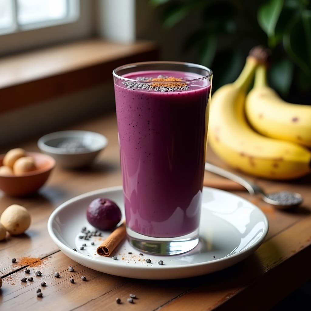 Vaso alto transparente con batido morado oscuro de açaí y leche de anacardo, coronado con semillas de chía y una pizca de canela, servido sobre una mesa rústica de madera con ingredientes al fondo: plátano, pulpa de açaí y anacardos.