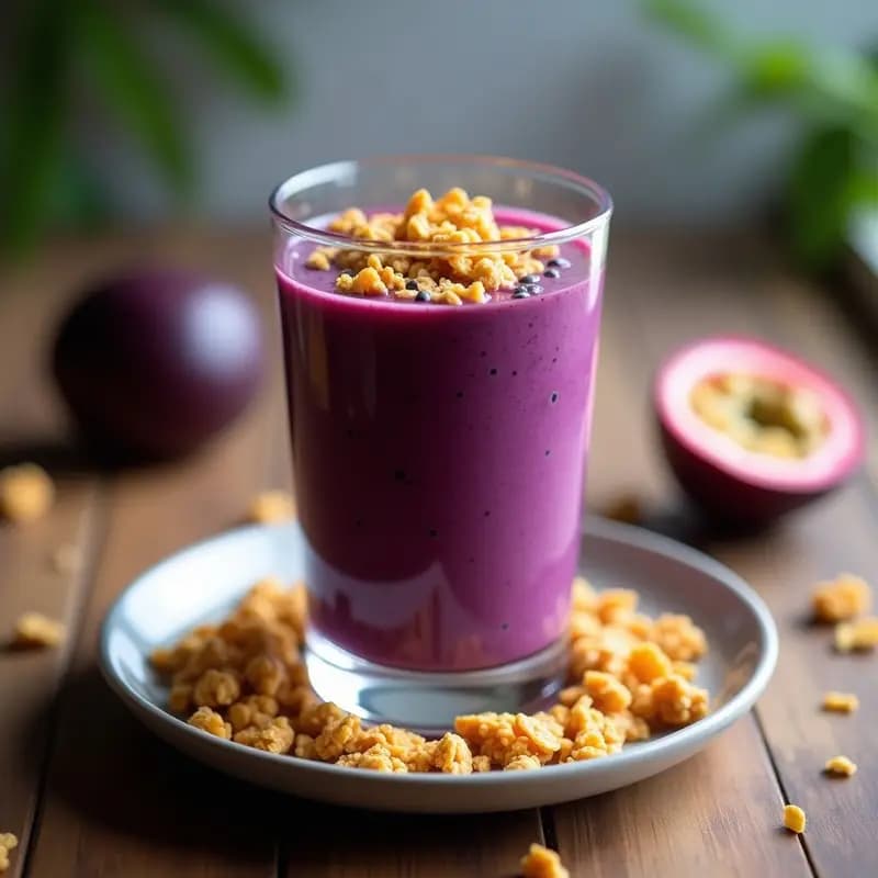 Vaso alto transparente con bebida de açai y maracuyá de color morado intenso, coronado con granola crujiente dorada y semillas de chía. fondo de madera rústica con toques tropicales.
