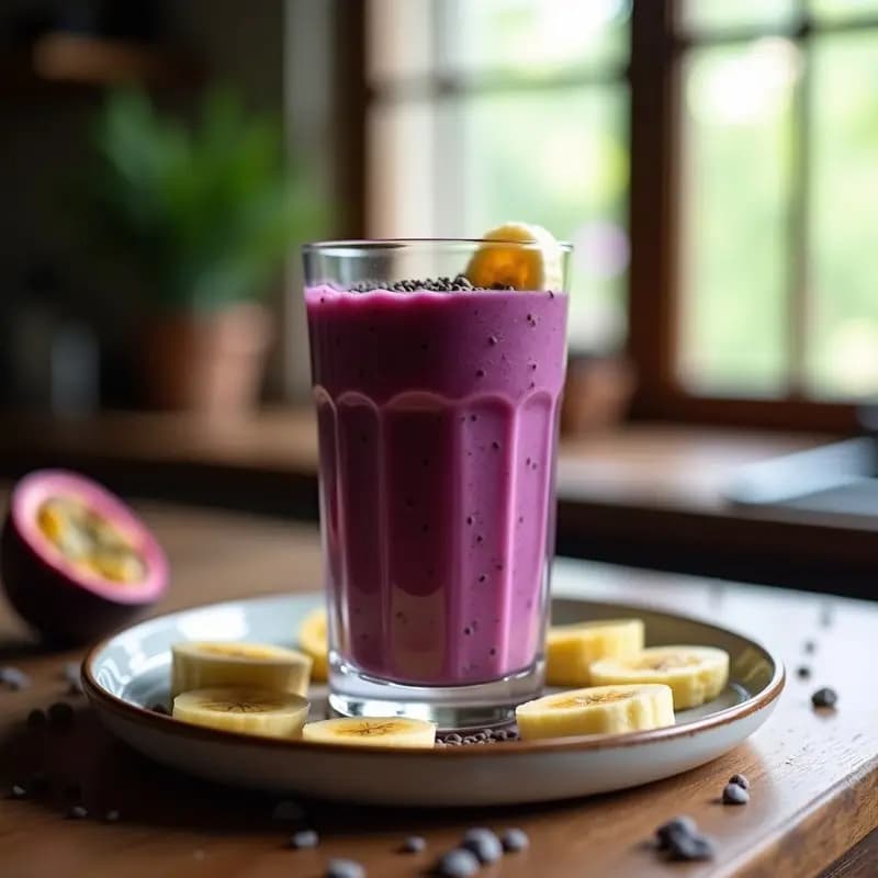 Vaso alto transparente con smoothie brasileño antioxidante de açaí y maracuyá, decorado con semillas de chía y rodajas de plátano, sobre fondo de madera rústica.