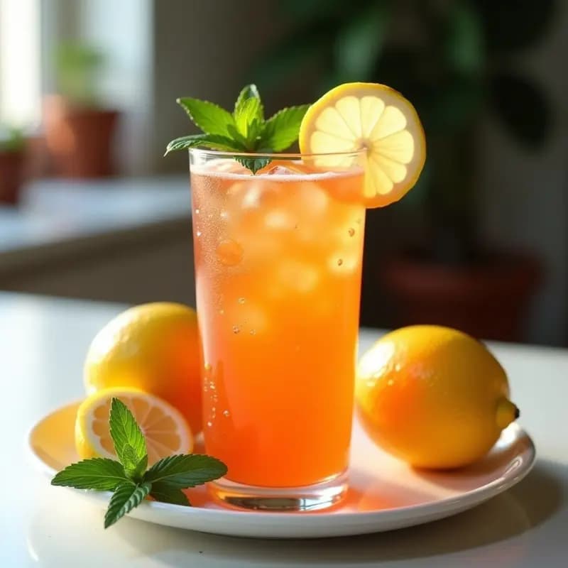 Vaso alto transparente con bebida de acerola y jengibre, burbujas de limón visibles, decorado con rodaja de limón y hojas de menta fresca sobre fondo blanco. Tónico brasilero antiinflamatorio y refrescante.
