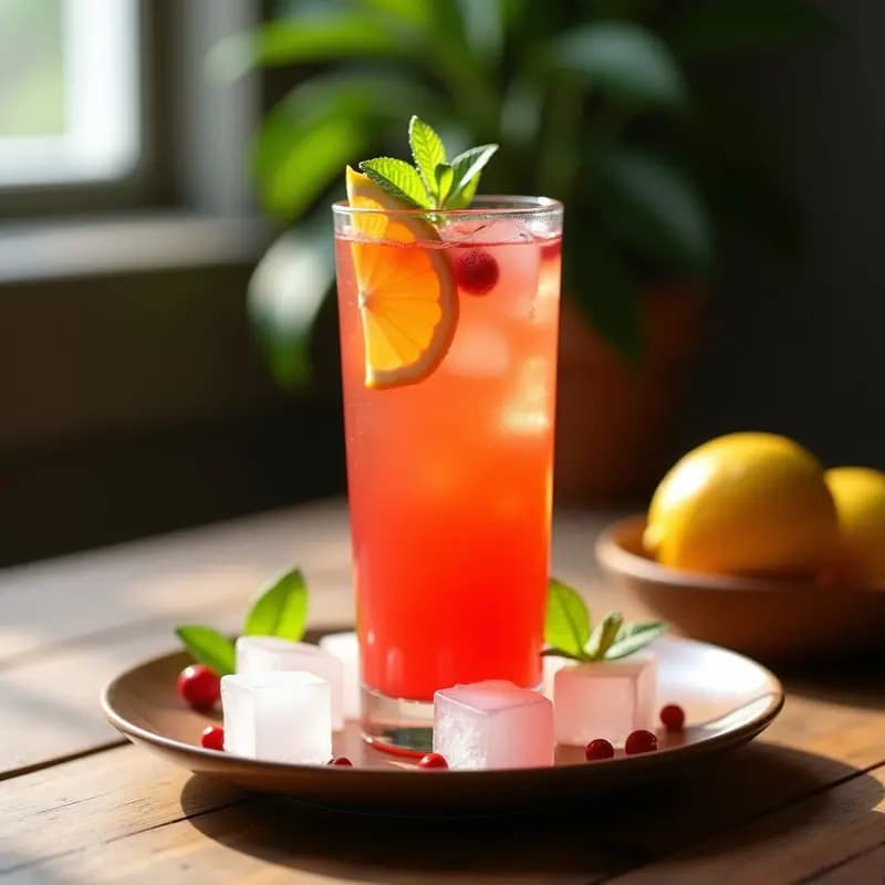 Vaso alto transparente con bebida detox de acerola y pimienta rosa, decorado con hielo, rodaja de limón y hojas de menta fresca sobre fondo rústico de madera.
