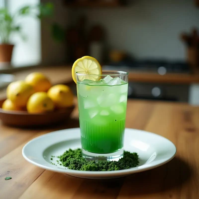 Vaso alto transparente con bebida verde vibrante de agua de coco, limón y espirulina, servida con hielo, rodaja de limón y pajita de bambú sobre fondo tropical con hojas de palma.