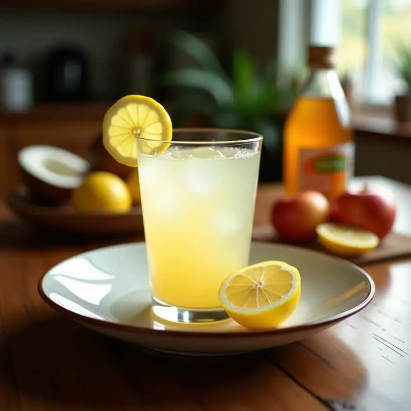 Vaso alto transparente con bebida de agua de coco y limón con vinagre de manzana, servida con hielo picado, rodaja de limón y pizca de sal negra en el borde. Fresca y refrescante, tónico ayurvédico para la digestión.