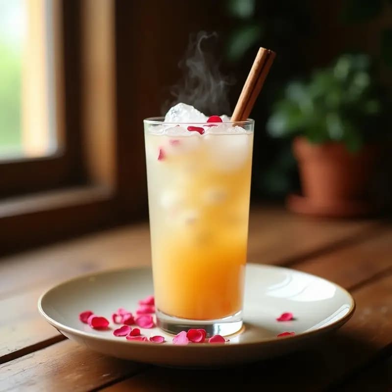Vaso alto transparente con bebida de agua de horchata con cardamomo y rosa mosqueta, de color crema claro con tonos dorados, decorado con hielo picado, una rama de canela y pétalos de rosa comestibles. Fondo rústico con textura de madera y luz natural suave.