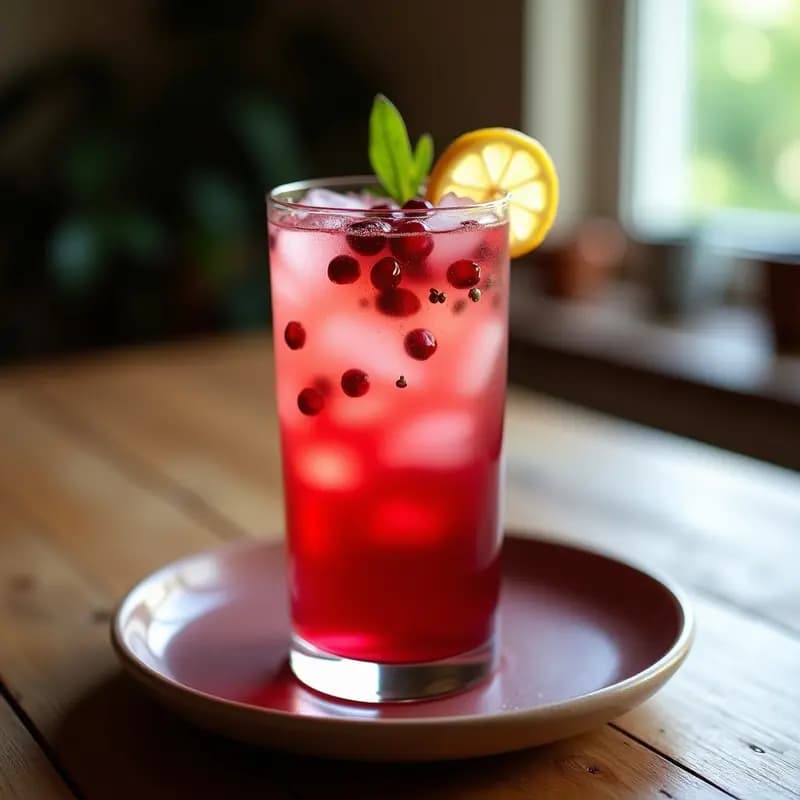 Vaso alto de cristal transparente con bebida de Alejandría en capas: té frío egipcio rojo intenso de hibisco, semillas de granada flotando y pétalos de rosa comestibles. Cubos de hielo y semillas de chía hidratadas en la superficie. Fondo borroso con luz natural.