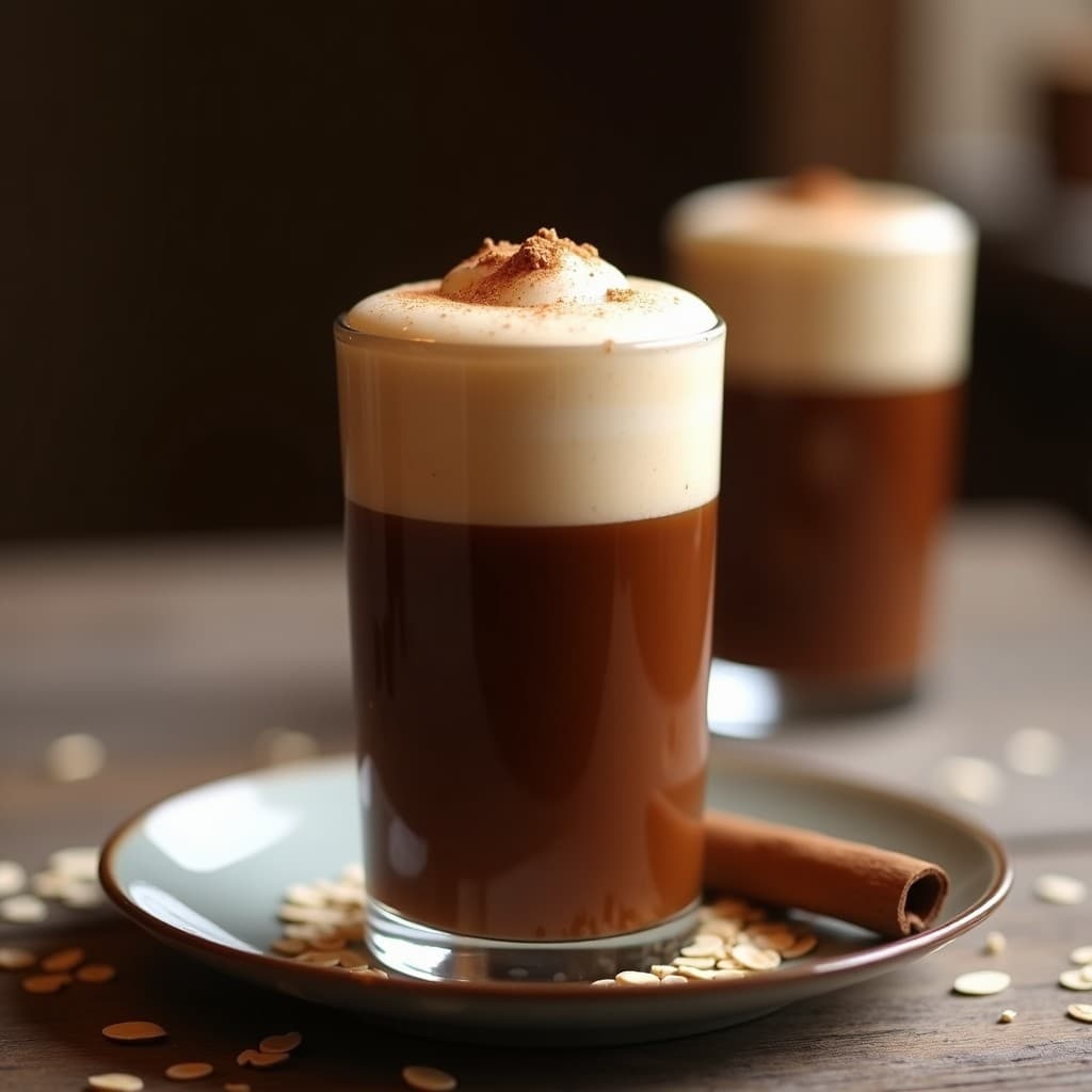 Vaso transparente alto con bebida de algarroba y canela, coronada por una espuma cremosa de avena. Espolvoreada con canela en polvo, sobre una mesa de madera rústica con copos de avena y una ramita de canela al lado. Receta española sin azúcar y reconfortante.