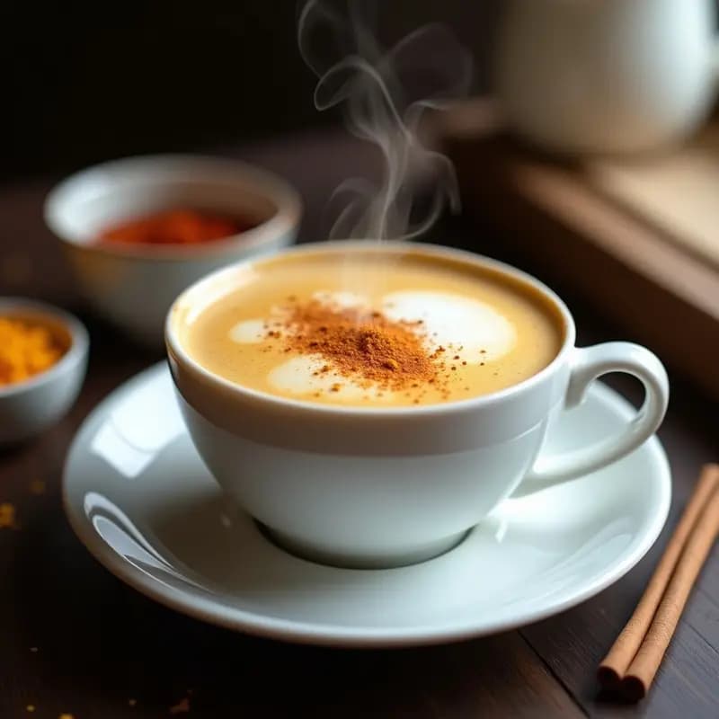 Taza de porcelana blanca con latte iraní sin lactosa de almendras, azafrán y canela, espuma cremosa y decoración con canela en polvo y hebras de azafrán, fondo rústico de madera oscura.
