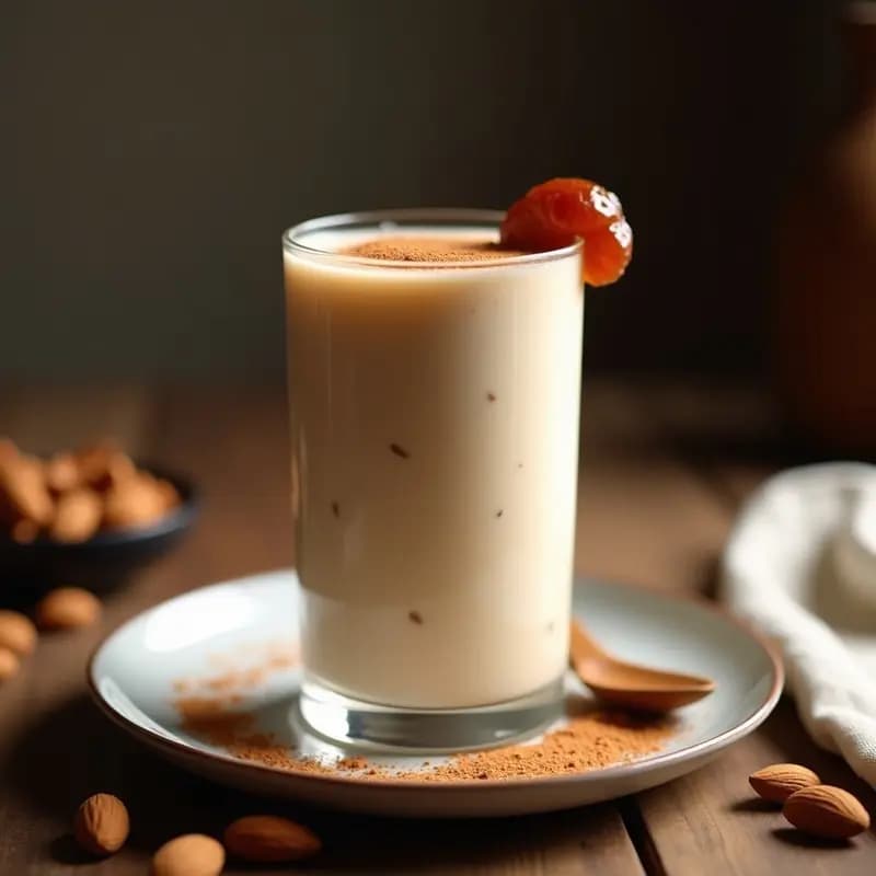Vaso alto de cristal con batido cremoso de almendras y dátiles, espolvoreado con canela en polvo y decorado con una rodaja de dátil y almendras fileteadas. Fondo de especias orientales y luz cálida.