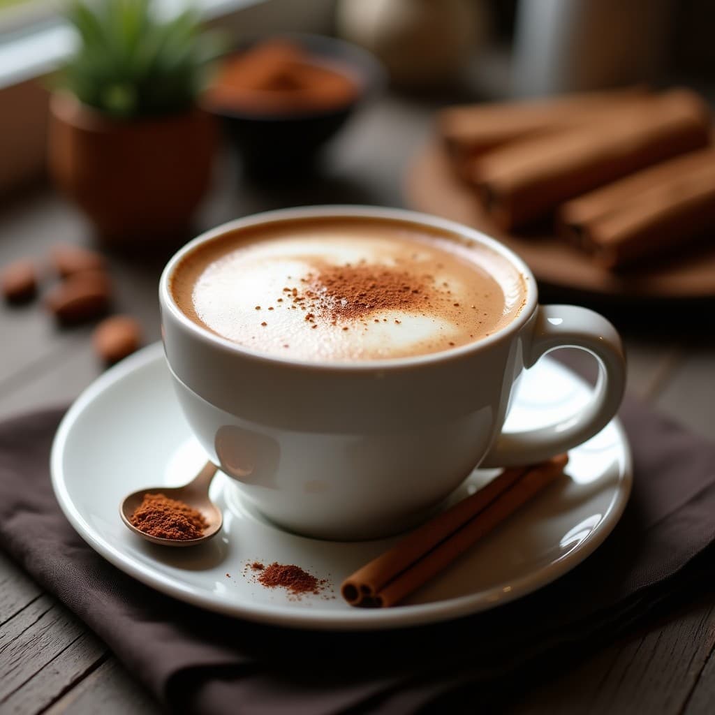 Taza de cerámica blanca con latte vegano espumoso de almond milk, cacao y cardamomo, decorado con una pizca de cardamomo molido y una rama de canela, sobre un mantel de lino oscuro con granos de cardamomo y cacao crudo esparcidos.