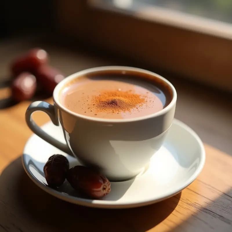 Taza de cerámica blanca con bebida de avena y cacao con canela y dátiles, espuma cremosa en la superficie, espolvoreada con canela en polvo, sobre una mesa de madera rústica con dátiles y una ramita de canela al lado. Latte saludable sin lactosa y sin azúcar.