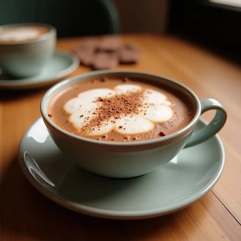 Taza blanca con bebida de avena y cacao humeante, coronada por una espuma de aquafaba esponjosa y espolvoreada con canela, sobre una mesa de madera rústica con copos de avena y granos de cacao al lado.